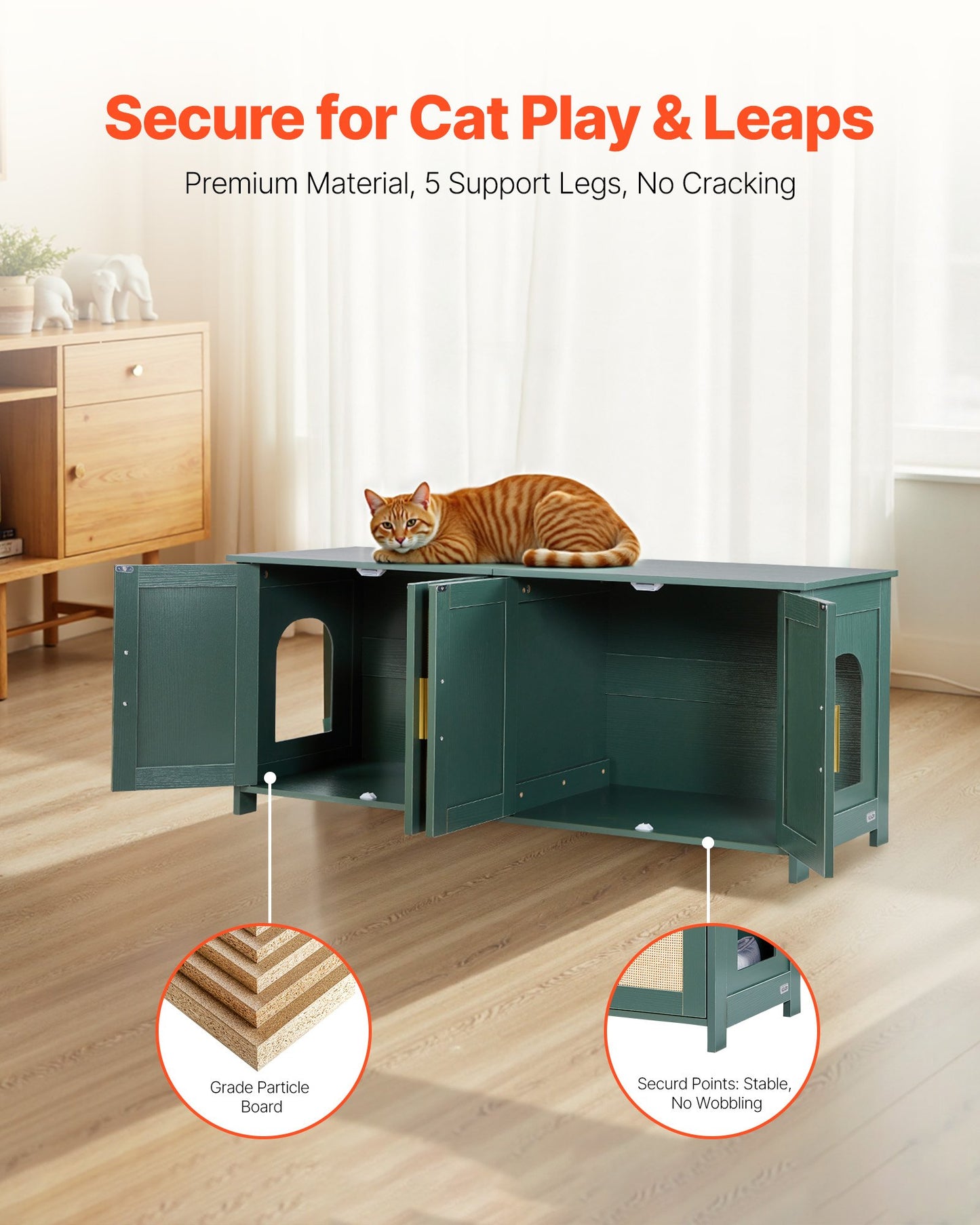 Cat Litter Box Enclosure for Multi Cats, 120 cm Hidden Litter Box Cabinet with 4 Rattan Doors & 2 Entries, Indoor Cat Washroom, Wooden Kitty House Furniture, Fit Most Litterboxes, Green
