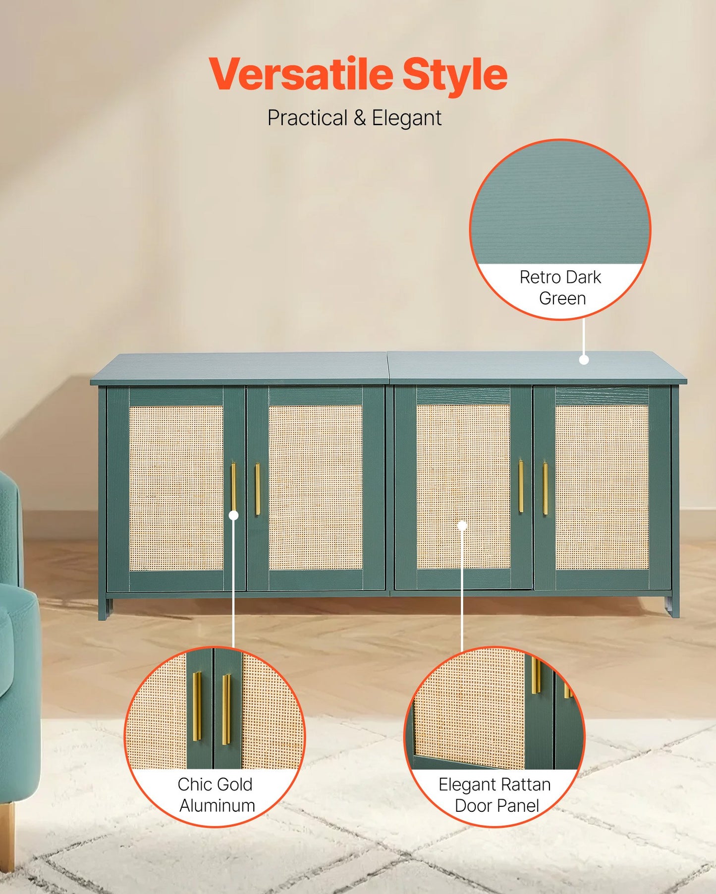 Cat Litter Box Enclosure for Multi Cats, 120 cm Hidden Litter Box Cabinet with 4 Rattan Doors & 2 Entries, Indoor Cat Washroom, Wooden Kitty House Furniture, Fit Most Litterboxes, Green