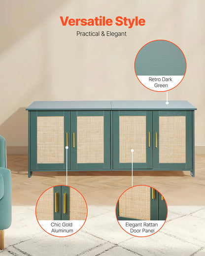 Cat Litter Box Enclosure for Multi Cats, 120 cm Hidden Litter Box Cabinet with 4 Rattan Doors & 2 Entries, Indoor Cat Washroom, Wooden Kitty House Furniture, Fit Most Litterboxes, Green
