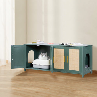 Cat Litter Box Enclosure for Multi Cats, 120 cm Hidden Litter Box Cabinet with 4 Rattan Doors & 2 Entries, Indoor Cat Washroom, Wooden Kitty House Furniture, Fit Most Litterboxes, Green