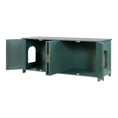 Cat Litter Box Enclosure for Multi Cats, 120 cm Hidden Litter Box Cabinet with 4 Rattan Doors & 2 Entries, Indoor Cat Washroom, Wooden Kitty House Furniture, Fit Most Litterboxes, Green