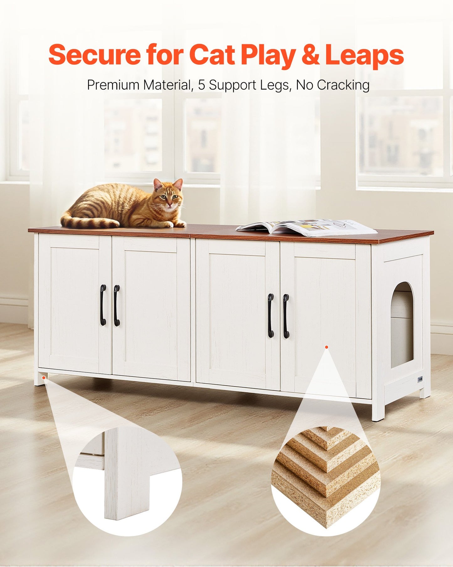 Cat Litter Box Enclosure for Multi Cats, 120 cm Hidden Litter Box Cabinet with 4 Doors & 2 Entries, Indoor Cat Washroom, Wooden Kitty House Furniture, Fit Most Litterboxes, Brown & White