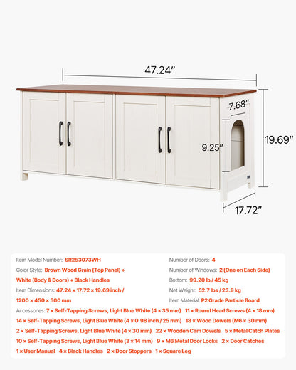 Cat Litter Box Enclosure for Multi Cats, 120 cm Hidden Litter Box Cabinet with 4 Doors & 2 Entries, Indoor Cat Washroom, Wooden Kitty House Furniture, Fit Most Litterboxes, Brown & White