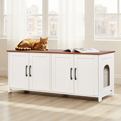 Cat Litter Box Enclosure for Multi Cats, 120 cm Hidden Litter Box Cabinet with 4 Doors & 2 Entries, Indoor Cat Washroom, Wooden Kitty House Furniture, Fit Most Litterboxes, Brown & White