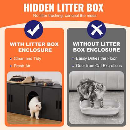 Cat Litter Box Enclosure for 2 Cats, 147 cm Hidden Litter Furniture, Double Room Large Cat Washroom Cabinet, Indoor Wooden Pet House TV Stand Side Table, Fit Most of Litterbox, Black