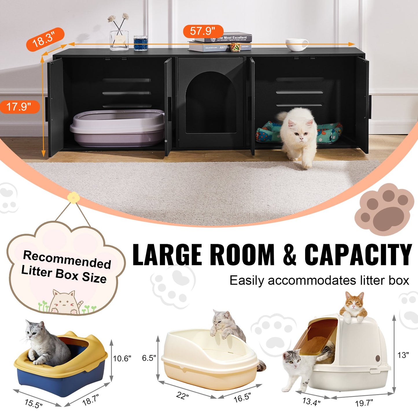 Cat Litter Box Enclosure for 2 Cats, 147 cm Hidden Litter Furniture, Double Room Large Cat Washroom Cabinet, Indoor Wooden Pet House TV Stand Side Table, Fit Most of Litterbox, Black