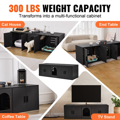 Cat Litter Box Enclosure for 2 Cats, 147 cm Hidden Litter Furniture, Double Room Large Cat Washroom Cabinet, Indoor Wooden Pet House TV Stand Side Table, Fit Most of Litterbox, Black