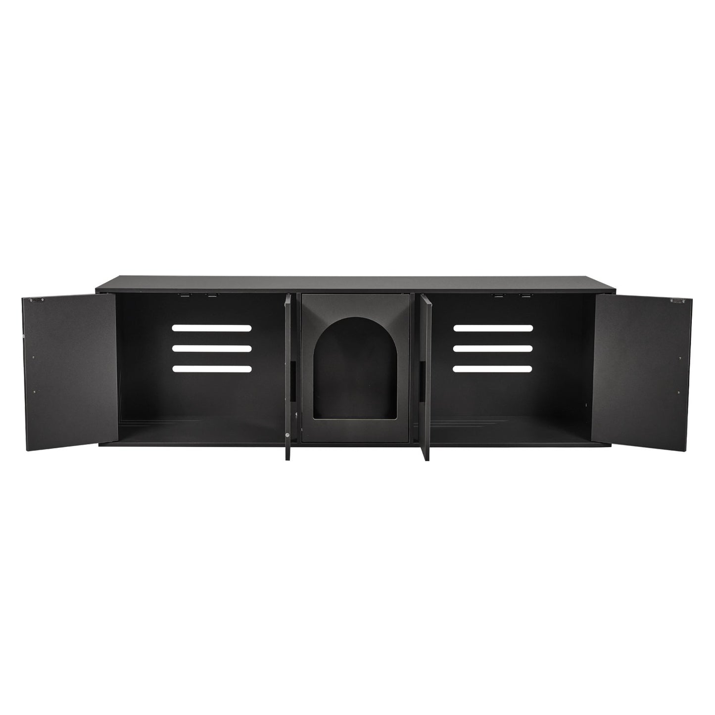 Cat Litter Box Enclosure for 2 Cats, 147 cm Hidden Litter Furniture, Double Room Large Cat Washroom Cabinet, Indoor Wooden Pet House TV Stand Side Table, Fit Most of Litterbox, Black
