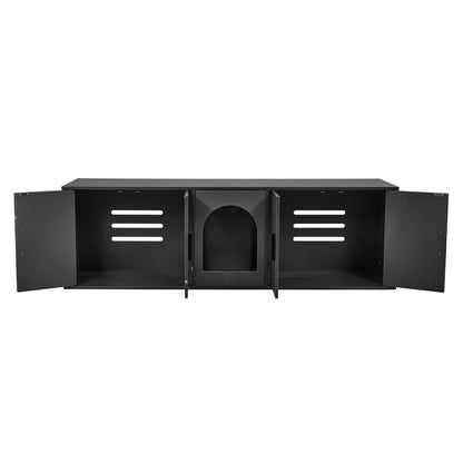 Cat Litter Box Enclosure for 2 Cats, 147 cm Hidden Litter Furniture, Double Room Large Cat Washroom Cabinet, Indoor Wooden Pet House TV Stand Side Table, Fit Most of Litterbox, Black