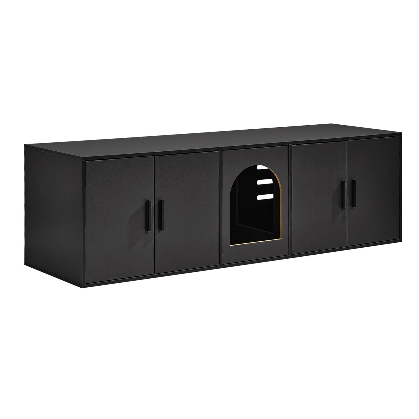Cat Litter Box Enclosure for 2 Cats, 147 cm Hidden Litter Furniture, Double Room Large Cat Washroom Cabinet, Indoor Wooden Pet House TV Stand Side Table, Fit Most of Litterbox, Black