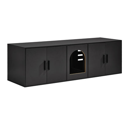 Cat Litter Box Enclosure for 2 Cats, 147 cm Hidden Litter Furniture, Double Room Large Cat Washroom Cabinet, Indoor Wooden Pet House TV Stand Side Table, Fit Most of Litterbox, Black