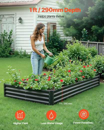 Metal Raised Garden Bed, 2.4 x 1.2 x 0.3 m Outdoor Galvalume Planter Garden Box, Open Bottom Design, Large Planter Raised Bed for Growing Vegetables, Flowers, Herbs, and Succulents, Dark Gray