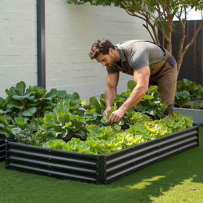 Metal Raised Garden Bed, 2.4 x 1.2 x 0.3 m Outdoor Galvalume Planter Garden Box, Open Bottom Design, Large Planter Raised Bed for Growing Vegetables, Flowers, Herbs, and Succulents, Dark Gray