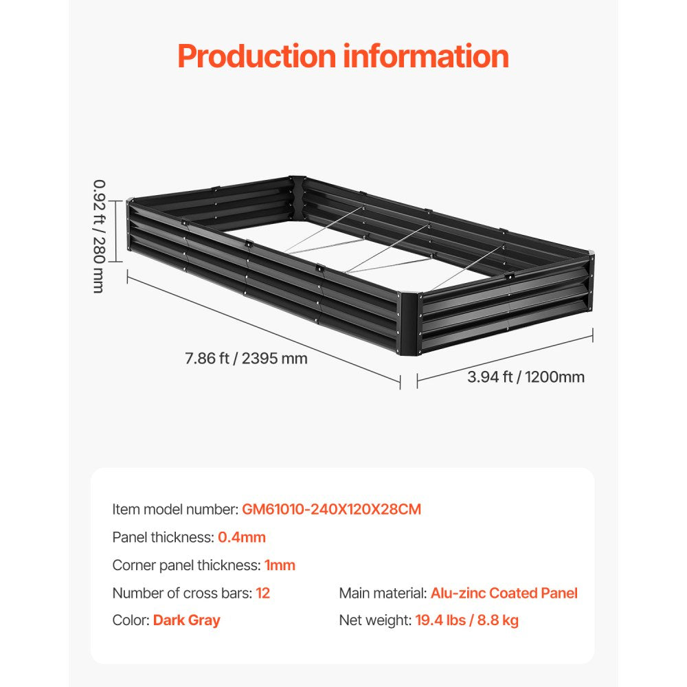 Metal Raised Garden Bed 8x4x1 ft Outdoor Galvanized Planter Box Dark Gray