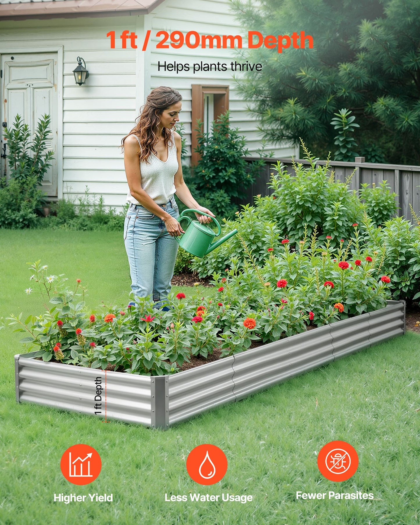 Metal Raised Garden Bed, 3.6 x 1.2 x 0.3 m Outdoor Galvalume Planter Garden Box, Open Bottom Design, Large Planter Raised Bed for Growing Vegetables, Flowers, and Succulents, Galvanized Color