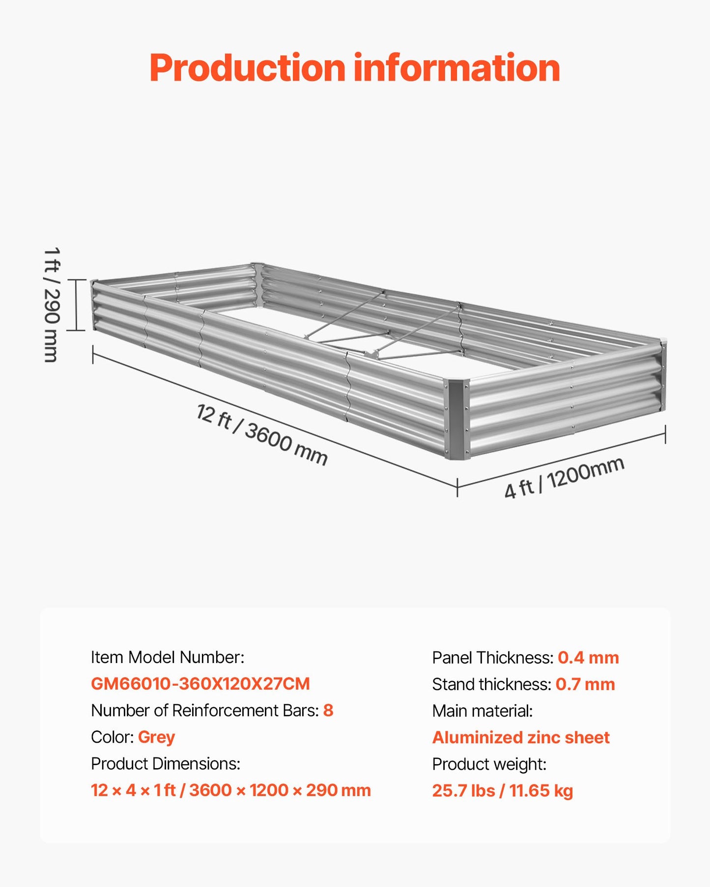 Metal Raised Garden Bed, 3.6 x 1.2 x 0.3 m Outdoor Galvalume Planter Garden Box, Open Bottom Design, Large Planter Raised Bed for Growing Vegetables, Flowers, and Succulents, Galvanized Color