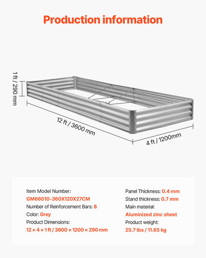 Metal Raised Garden Bed, 3.6 x 1.2 x 0.3 m Outdoor Galvalume Planter Garden Box, Open Bottom Design, Large Planter Raised Bed for Growing Vegetables, Flowers, and Succulents, Galvanized Color