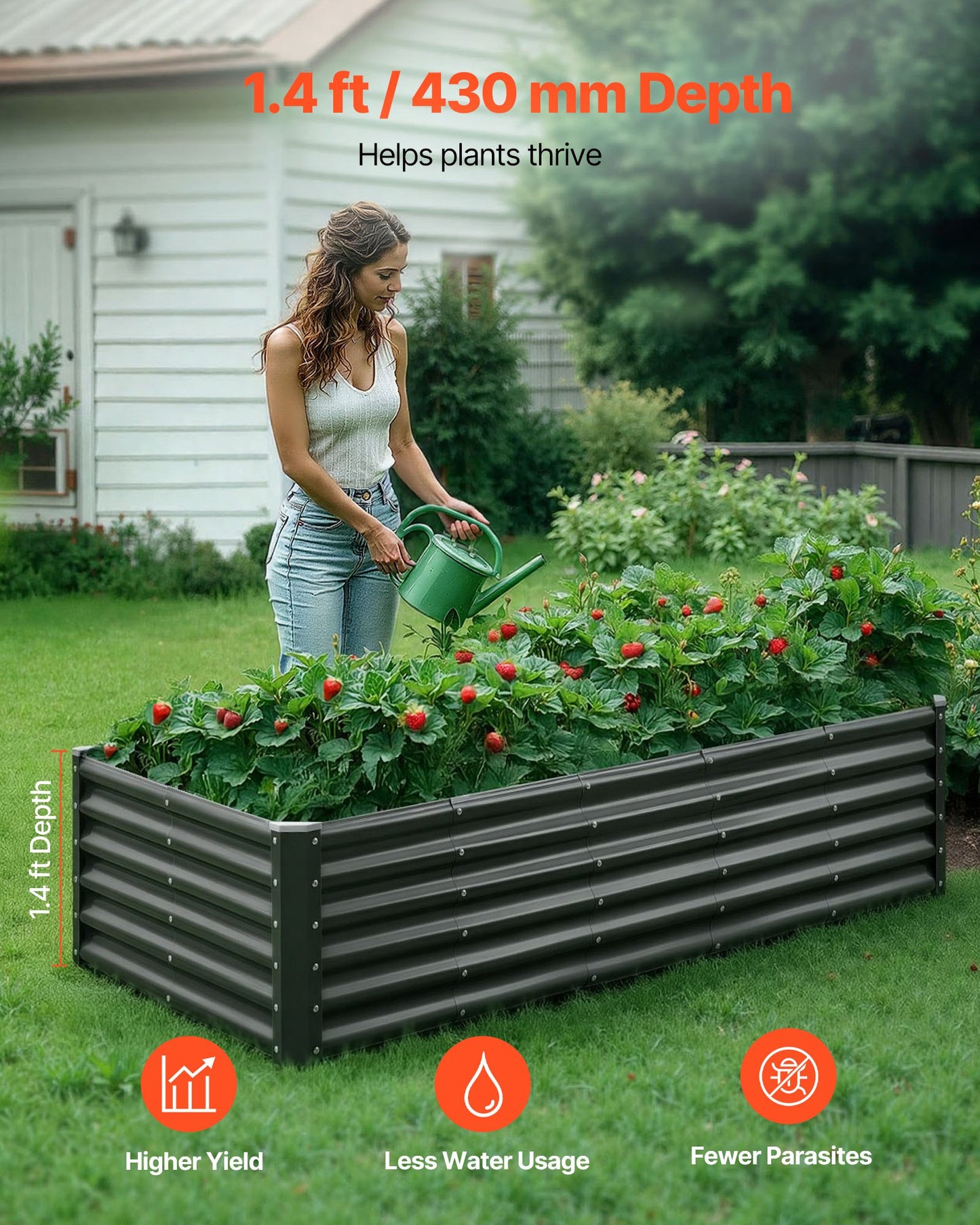 Metal Raised Garden Bed, 1.8 x 0.9 x 0.4 m Outdoor Galvanized Planter Garden Box, Open Bottom Design, Large Planter Raised Bed for Growing Vegetables, Flowers, Herbs, and Succulents, Dark Gray