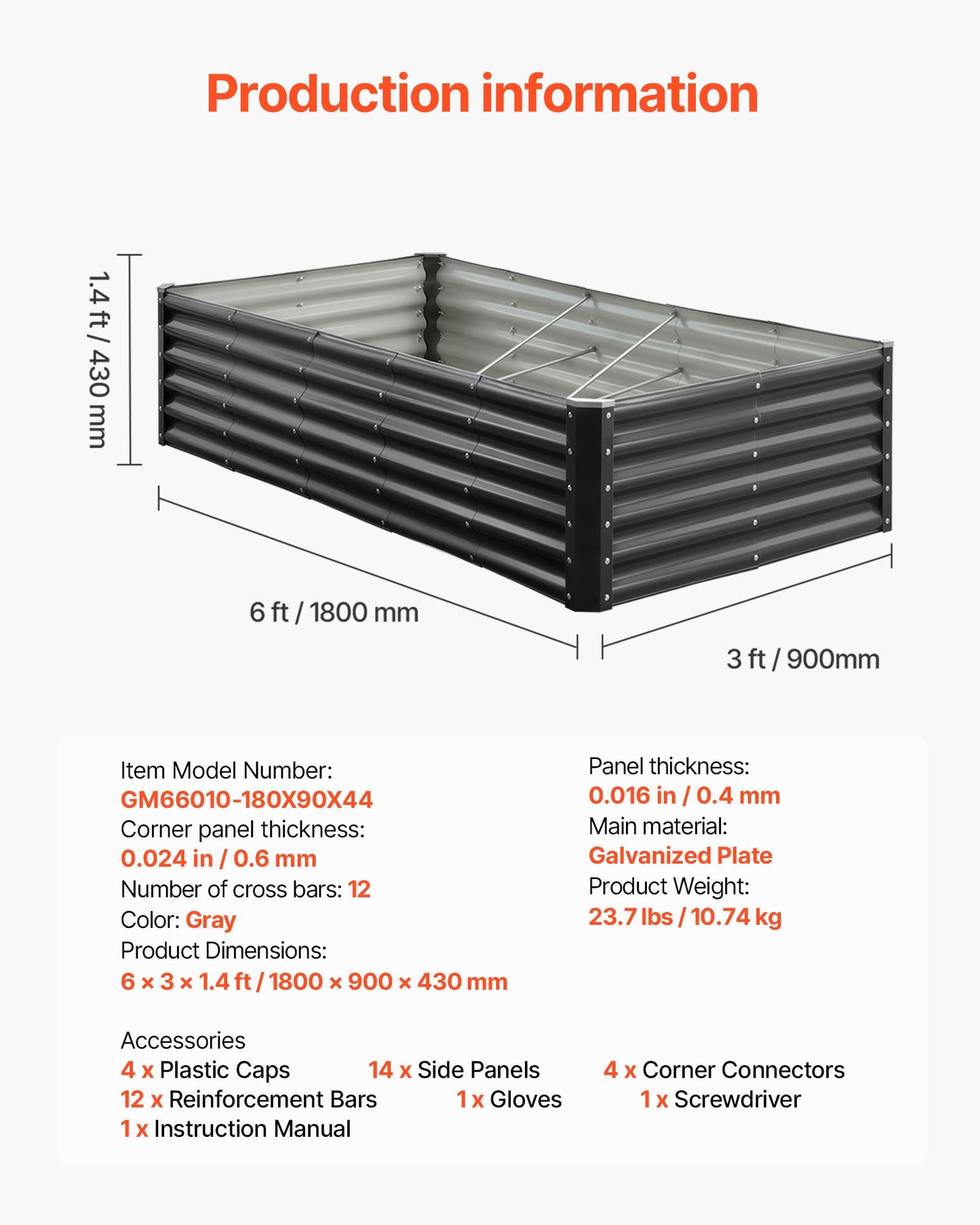 Metal Raised Garden Bed, 1.8 x 0.9 x 0.4 m Outdoor Galvanized Planter Garden Box, Open Bottom Design, Large Planter Raised Bed for Growing Vegetables, Flowers, Herbs, and Succulents, Dark Gray