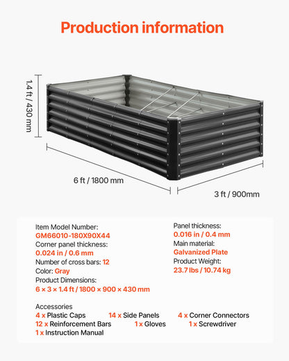 Metal Raised Garden Bed, 1.8 x 0.9 x 0.4 m Outdoor Galvanized Planter Garden Box, Open Bottom Design, Large Planter Raised Bed for Growing Vegetables, Flowers, Herbs, and Succulents, Dark Gray
