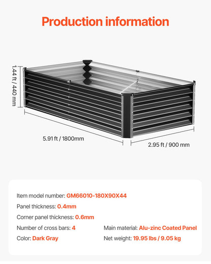 VEVOR Metal Raised Garden Bed 6x3x1.5ft Outdoor Galvanized Planter Box Dark Gray