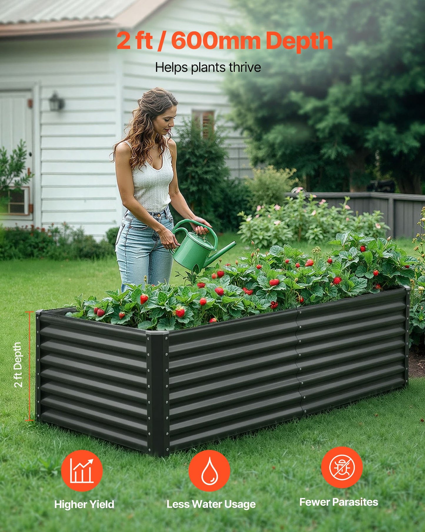 Metal Raised Garden Bed, 1.8 x 0.9 x 0.6 m Outdoor Galvanized Planter Garden Box, Open Bottom Design, Large Planter Raised Bed for Growing Vegetables, Flowers, Herbs, and Succulents, Dark Gray