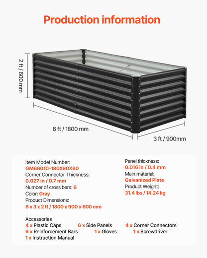 Metal Raised Garden Bed, 1.8 x 0.9 x 0.6 m Outdoor Galvanized Planter Garden Box, Open Bottom Design, Large Planter Raised Bed for Growing Vegetables, Flowers, Herbs, and Succulents, Dark Gray
