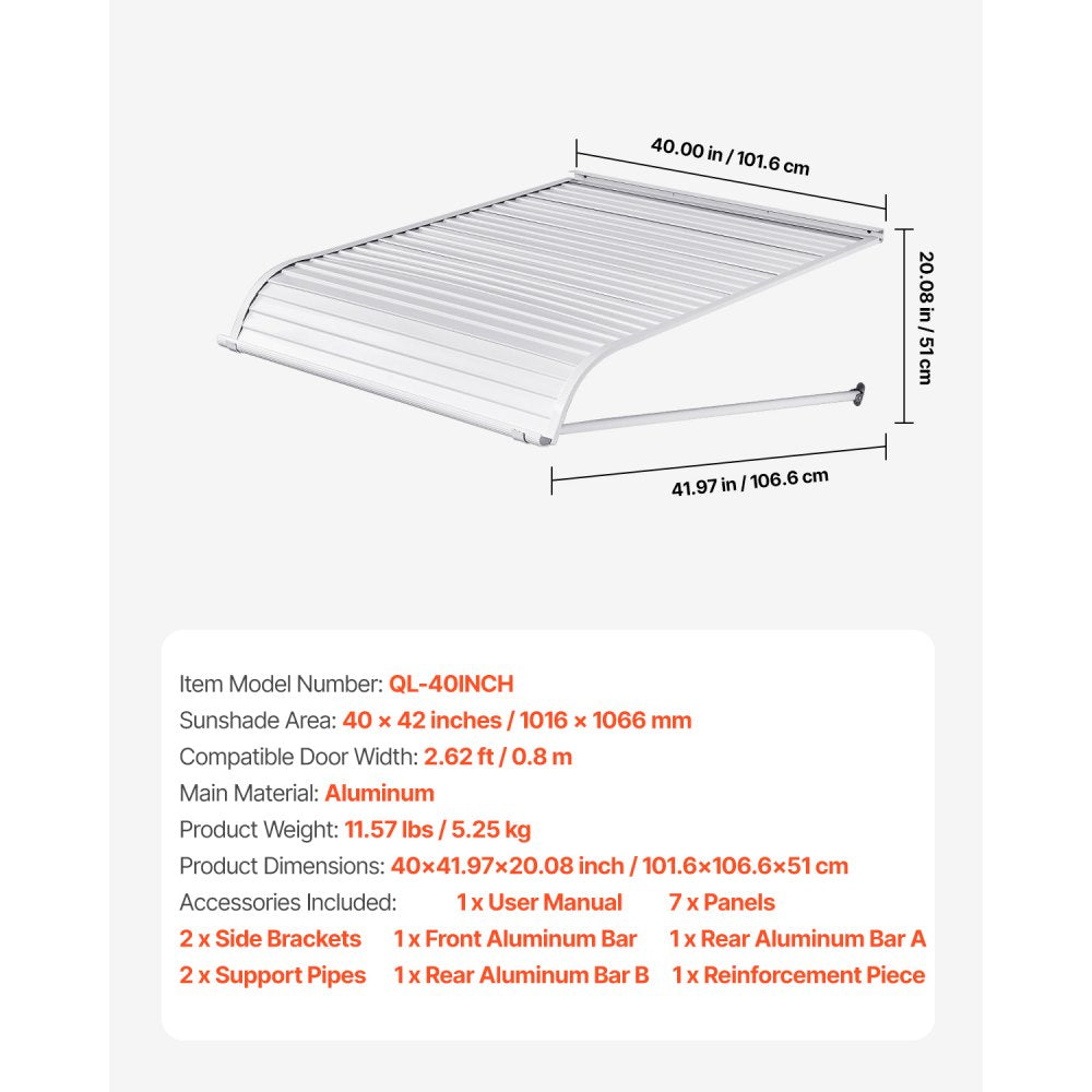 VEVOR Window Awning Door Canopy 40x42 in Aluminum Alloy Front Door Awnings