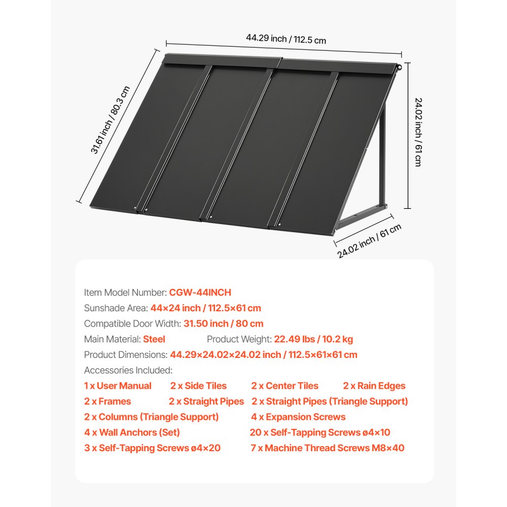 VEVOR Window Awning Door Canopy 44x24 in Outdoor Patio Steel Front Door Awnings