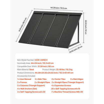 VEVOR Window Awning Door Canopy 44x24 in Outdoor Patio Steel Front Door Awnings