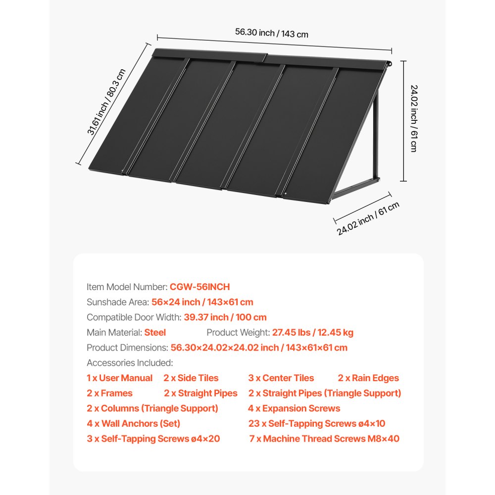 VEVOR Window Awning Door Canopy 56x24 in Outdoor Patio Steel Front Door Awnings