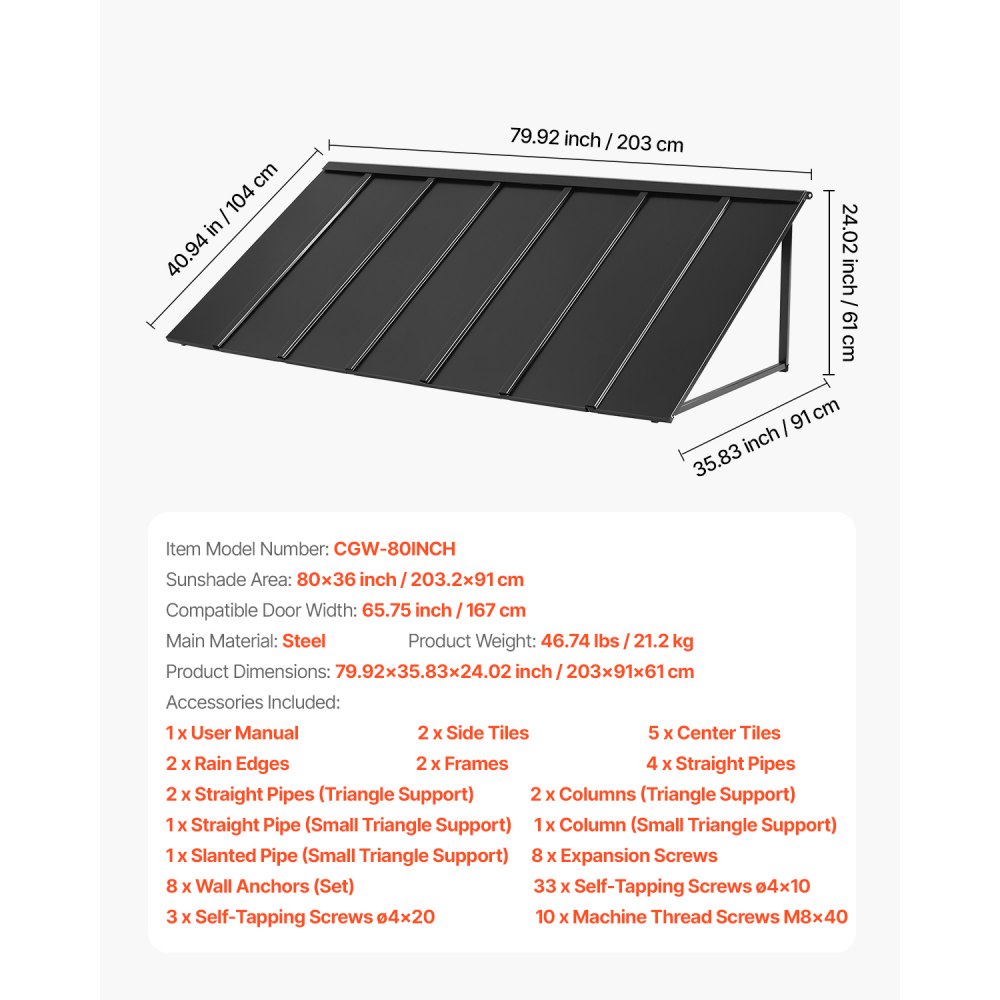 VEVOR Window Awning Door Canopy 80x36 in Outdoor Patio Steel Front Door Awnings