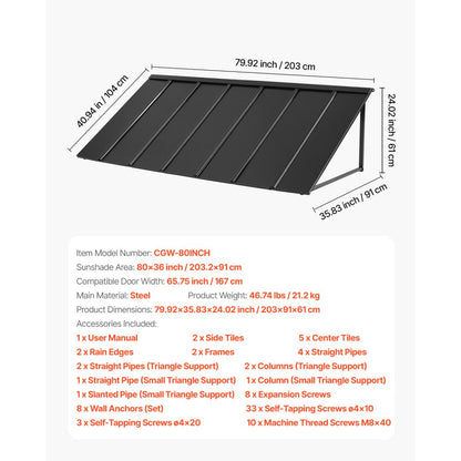 VEVOR Window Awning Door Canopy 80x36 in Outdoor Patio Steel Front Door Awnings