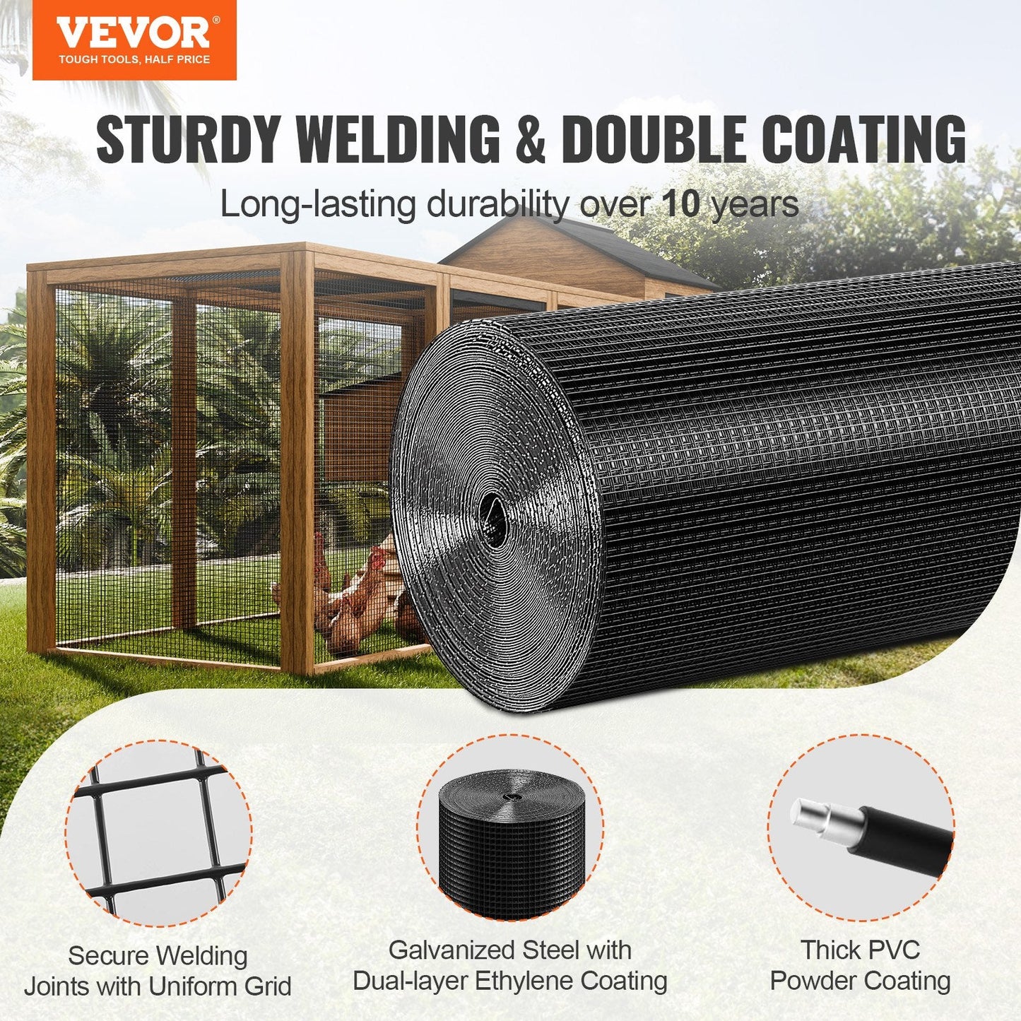 Galvanized Wire Mesh Roll, 0.61m x 30.48m, 19 Gauge, Vinyl Coated for Fencing