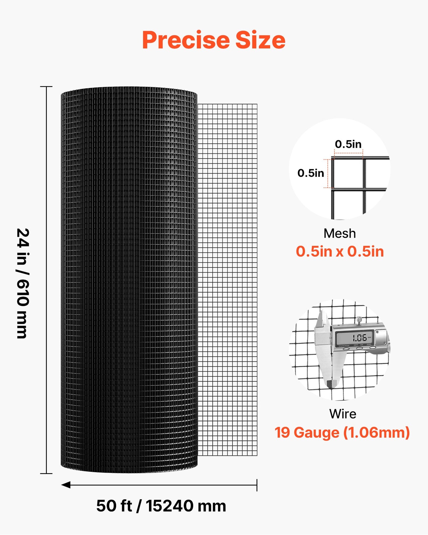 Hardware Cloth 61cm x 15.2m, 1/2 in 19 Gauge Galvanized Wire Mesh Roll, Weather-Resistant Vinyl Coated Chicken Wire Fencing, Heavy Duty Welded Garden Plant Fencing for Rabbit Cage Snake Fence