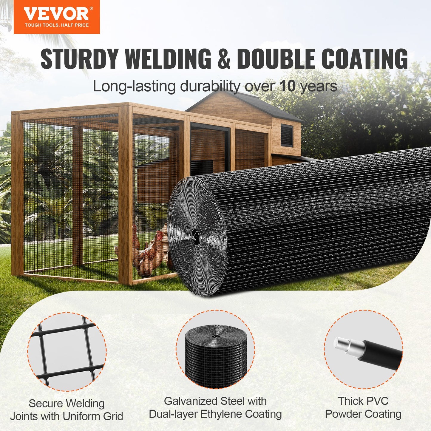 Hardware Cloth, 1.2 x 30.48m Galvanized Wire Mesh Roll, 19 Gauge Chicken Wire Fence Roll, Vinyl Coating Metal Wire Mesh for Chicken Coop Barrier, Rabbit Snake Fences, Poultry Enclosures