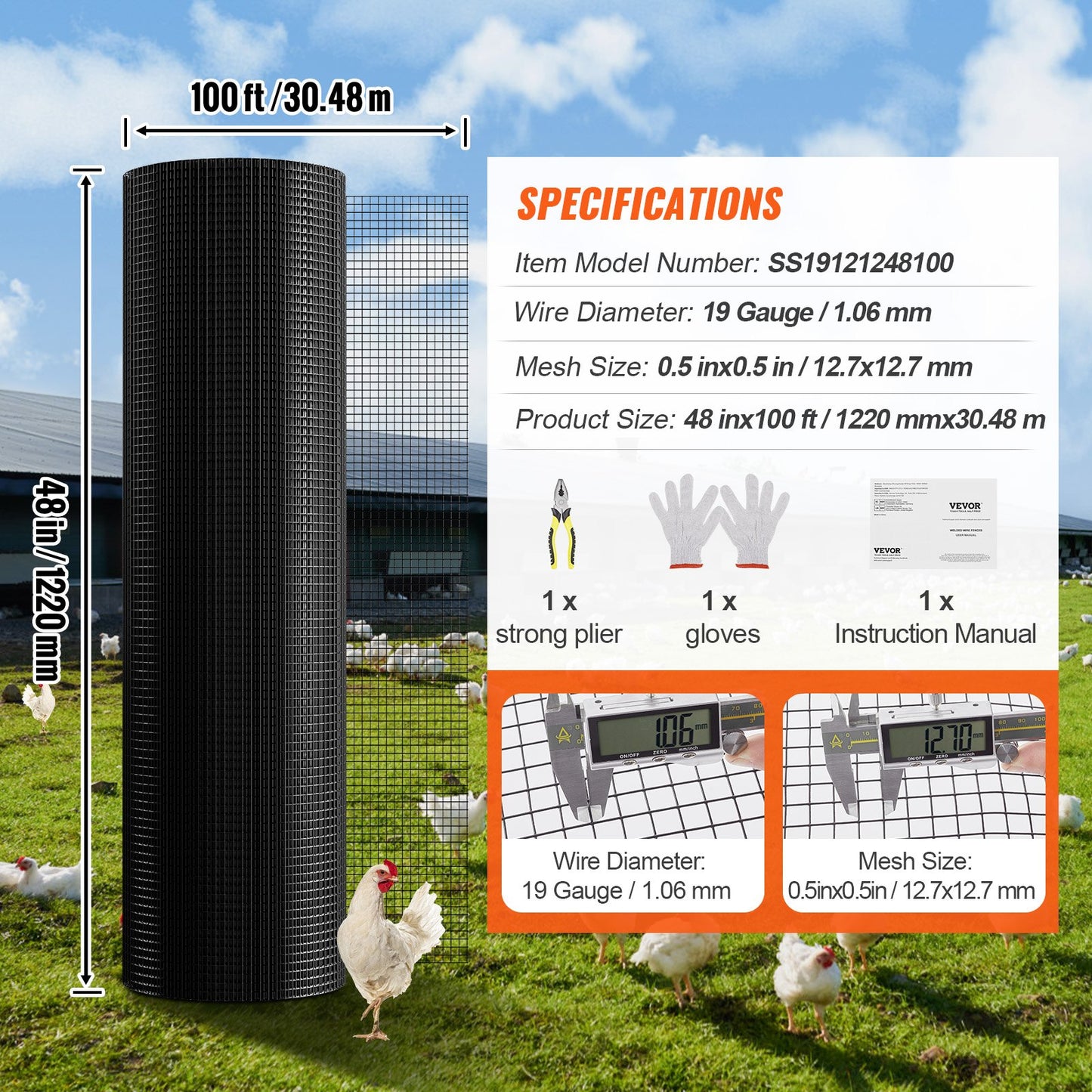 Hardware Cloth, 1.2 x 30.48m Galvanized Wire Mesh Roll, 19 Gauge Chicken Wire Fence Roll, Vinyl Coating Metal Wire Mesh for Chicken Coop Barrier, Rabbit Snake Fences, Poultry Enclosures