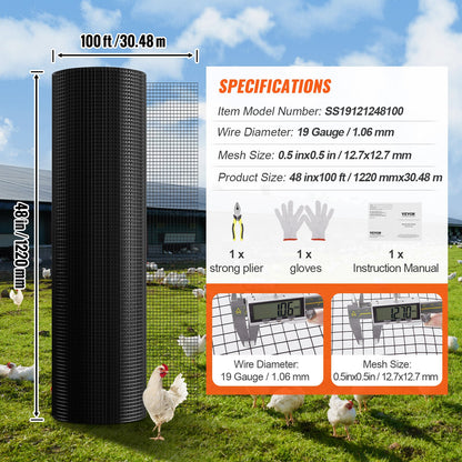 Hardware Cloth, 1.2 x 30.48m Galvanized Wire Mesh Roll, 19 Gauge Chicken Wire Fence Roll, Vinyl Coating Metal Wire Mesh for Chicken Coop Barrier, Rabbit Snake Fences, Poultry Enclosures