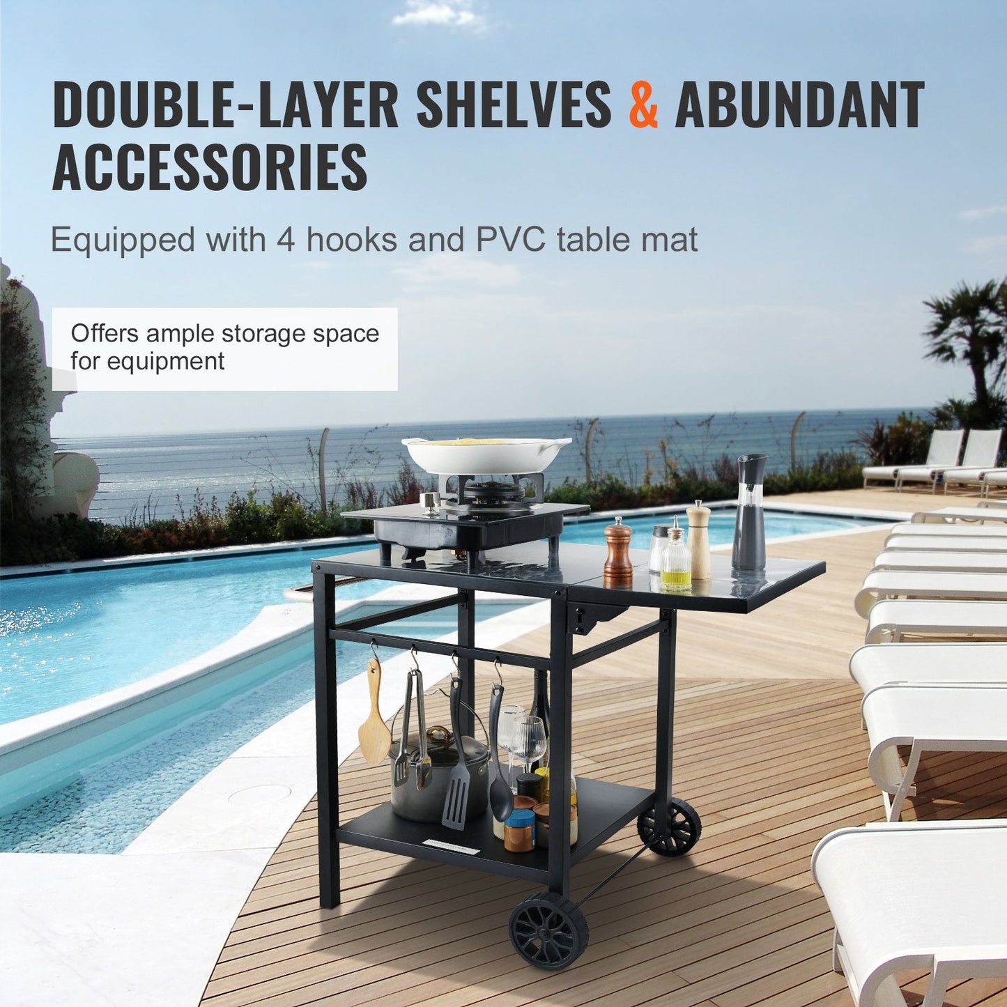 Outdoor Grill Cart with Double-Shelf, 0.55m BBQ Table, Portable & Foldable Design