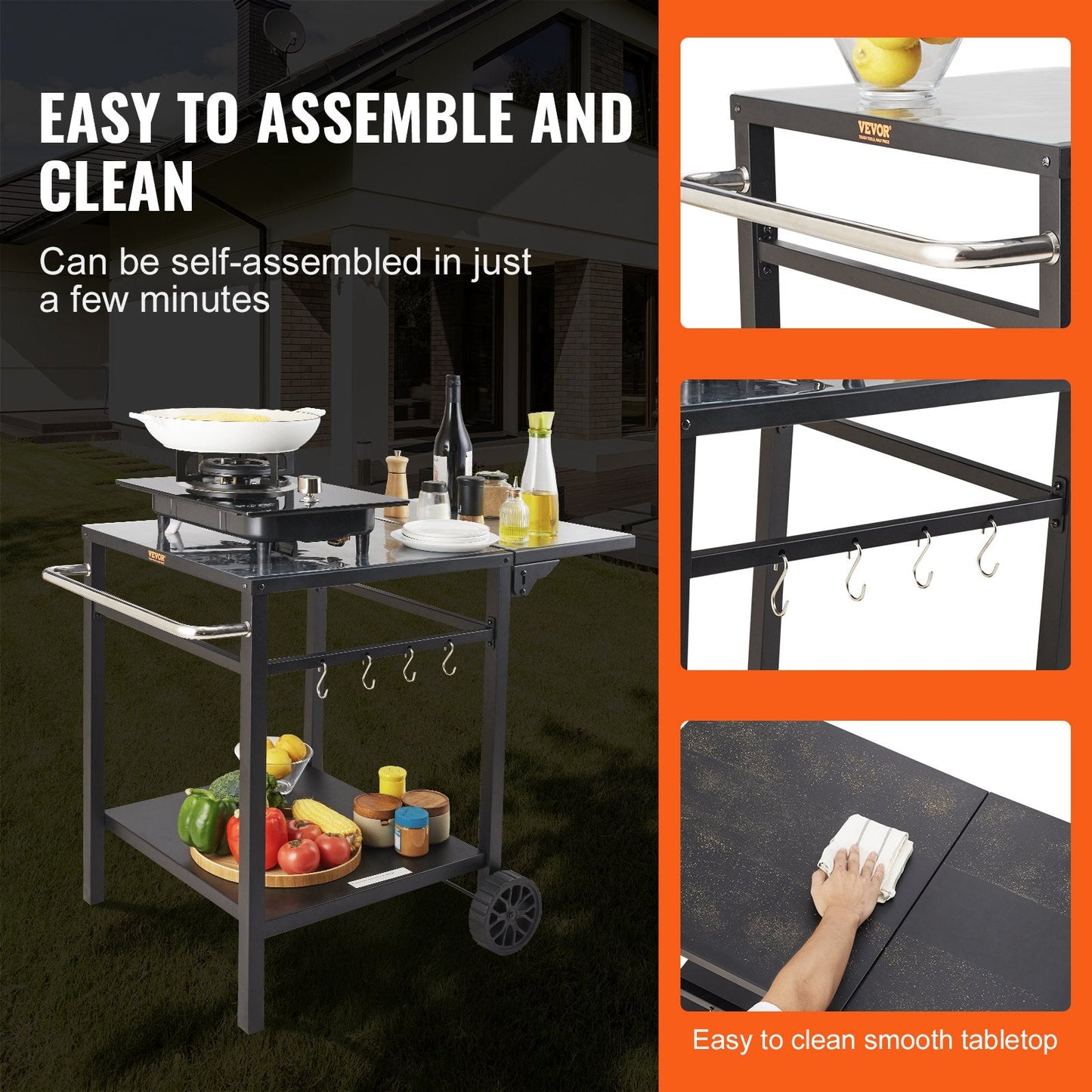 Outdoor Grill Cart with Double-Shelf, 0.55m BBQ Table, Portable & Foldable Design