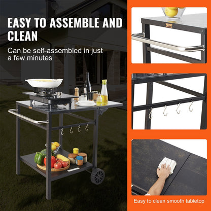 Outdoor Grill Cart with Double-Shelf, 0.55m BBQ Table, Portable & Foldable Design