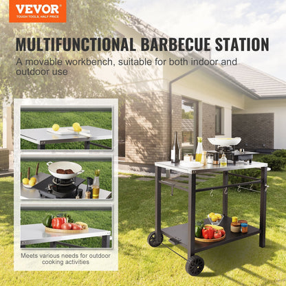 Outdoor BBQ Prep Cart with Double-Shelf, 0.85x0.55m Stainless Steel Table