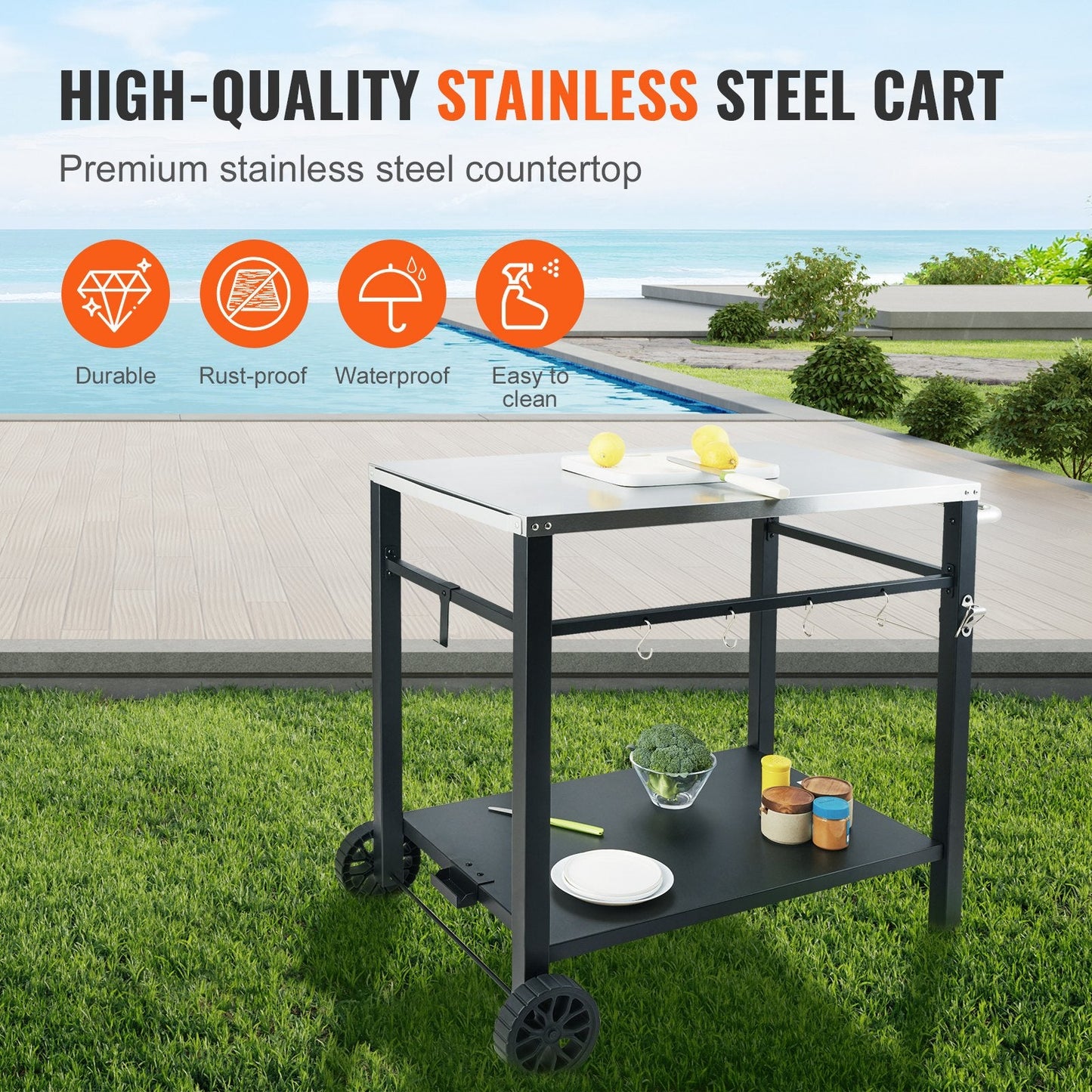 Outdoor BBQ Prep Cart with Double-Shelf, 0.85x0.55m Stainless Steel Table