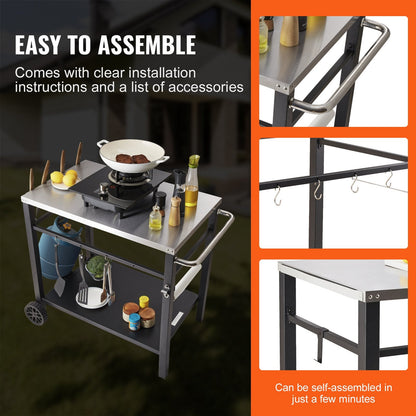 Outdoor BBQ Prep Cart with Double-Shelf, 0.85x0.55m Stainless Steel Table