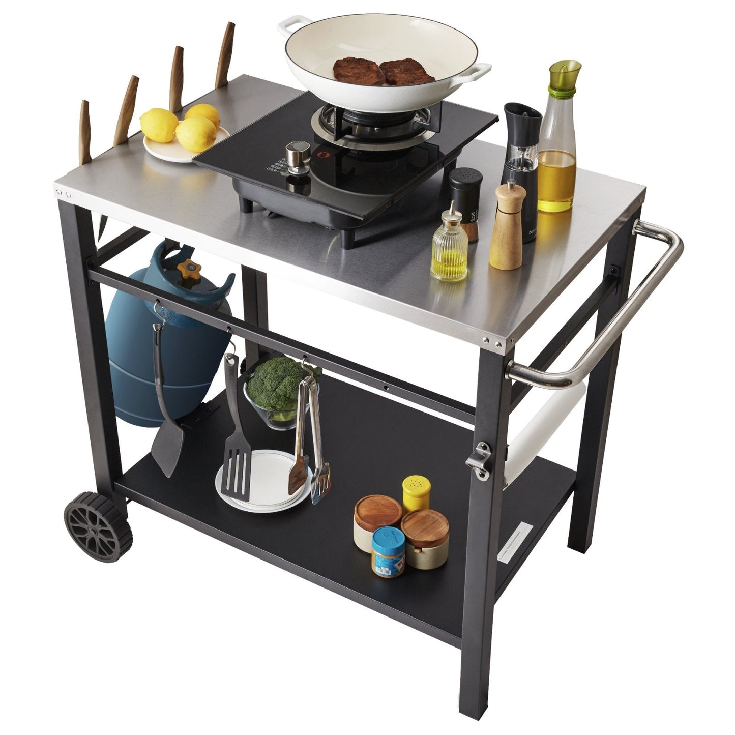 Outdoor BBQ Prep Cart with Double-Shelf, 0.85x0.55m Stainless Steel Table