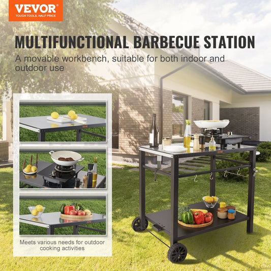 Double shelves offer organized storage for grills, firewood, cooking tools, and supplies