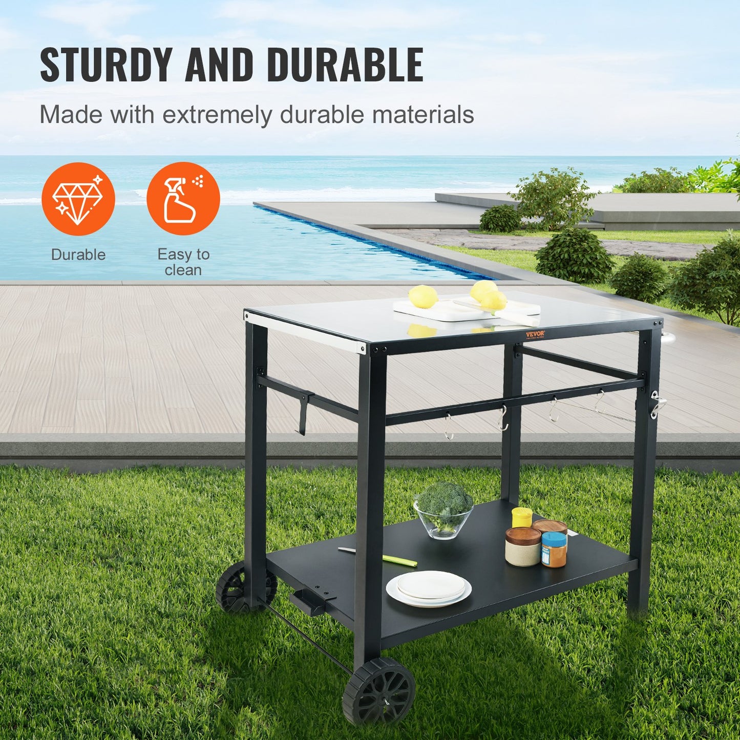 VEVOR Outdoor Grill Dining Cart with Double-Shelf,  85*55cm BBQ Movable Food Prep