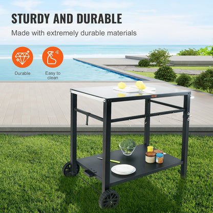 Outdoor BBQ Cart with Double Shelves, 0.85x0.55m Iron Top, Portable & Durable