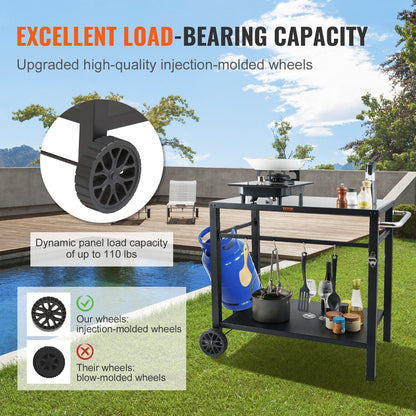 Outdoor BBQ Cart with Double Shelves, 0.85x0.55m Iron Top, Portable & Durable