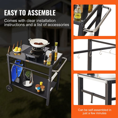 Outdoor BBQ Cart with Double Shelves, 0.85x0.55m Iron Top, Portable & Durable
